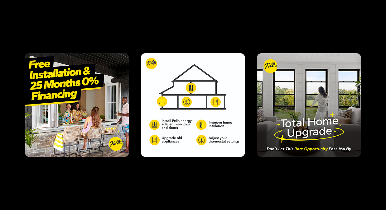 Three promo images: free installation and 25 months 0% financing, home energy upgrade tips, total home upgrade offer.