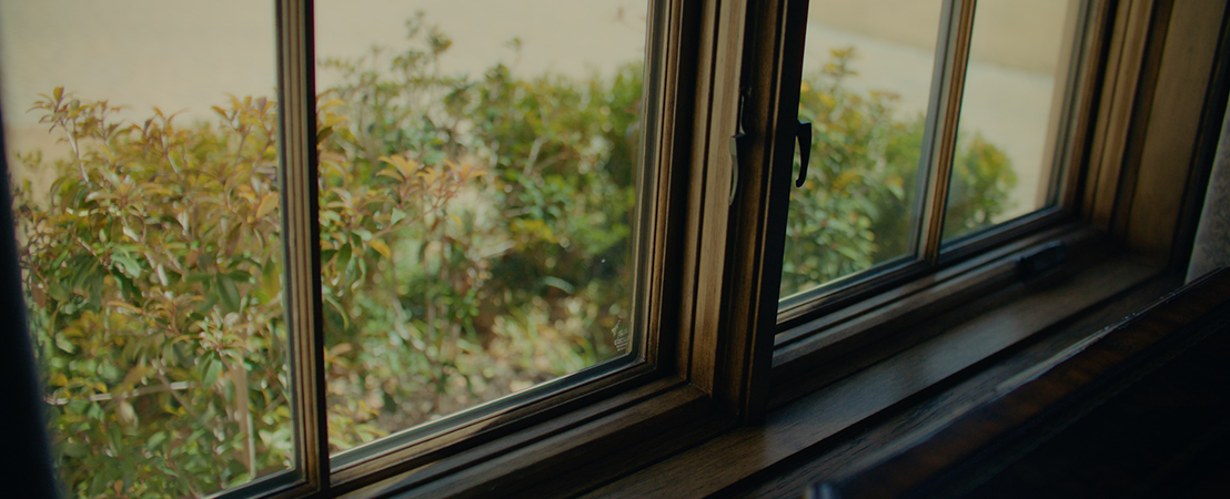 Wood-framed window with clear glass showing green bushes outside on a cloudy day.