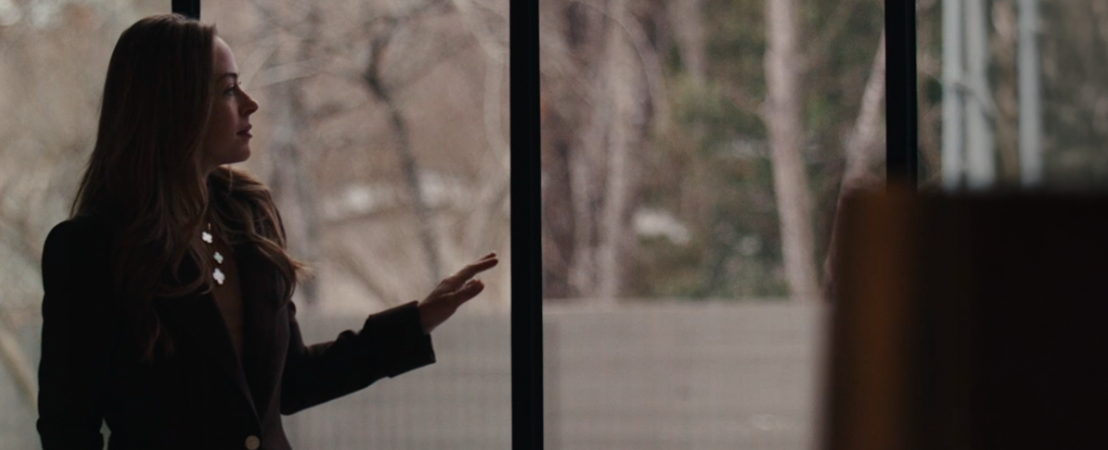 Woman with long hair wearing a dark jacket, touching a glass window and looking outside.