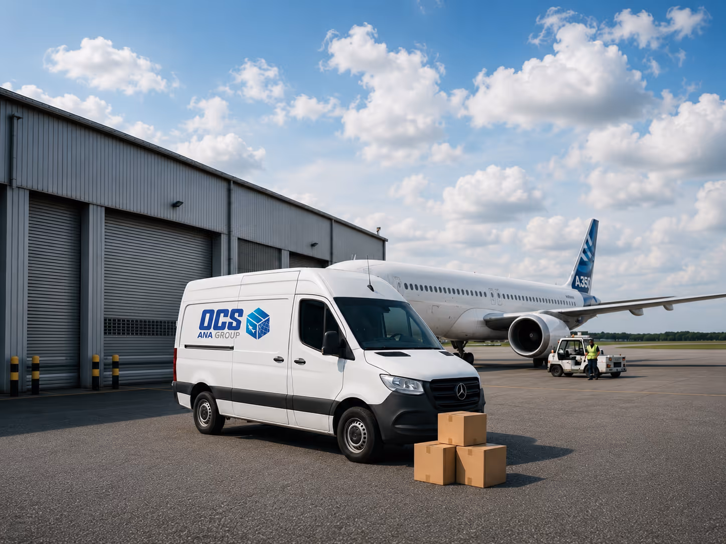 Internationale express transport bestelwagen met vliegtuig