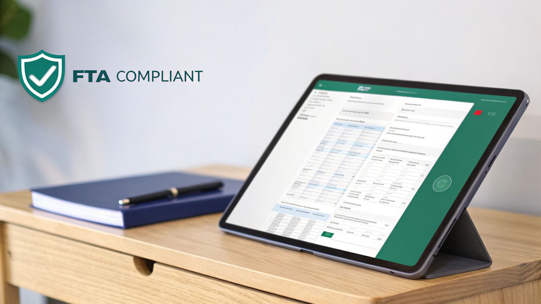 A tablet displays accounting software with an 'FTA Compliant' logo on a wooden desk.