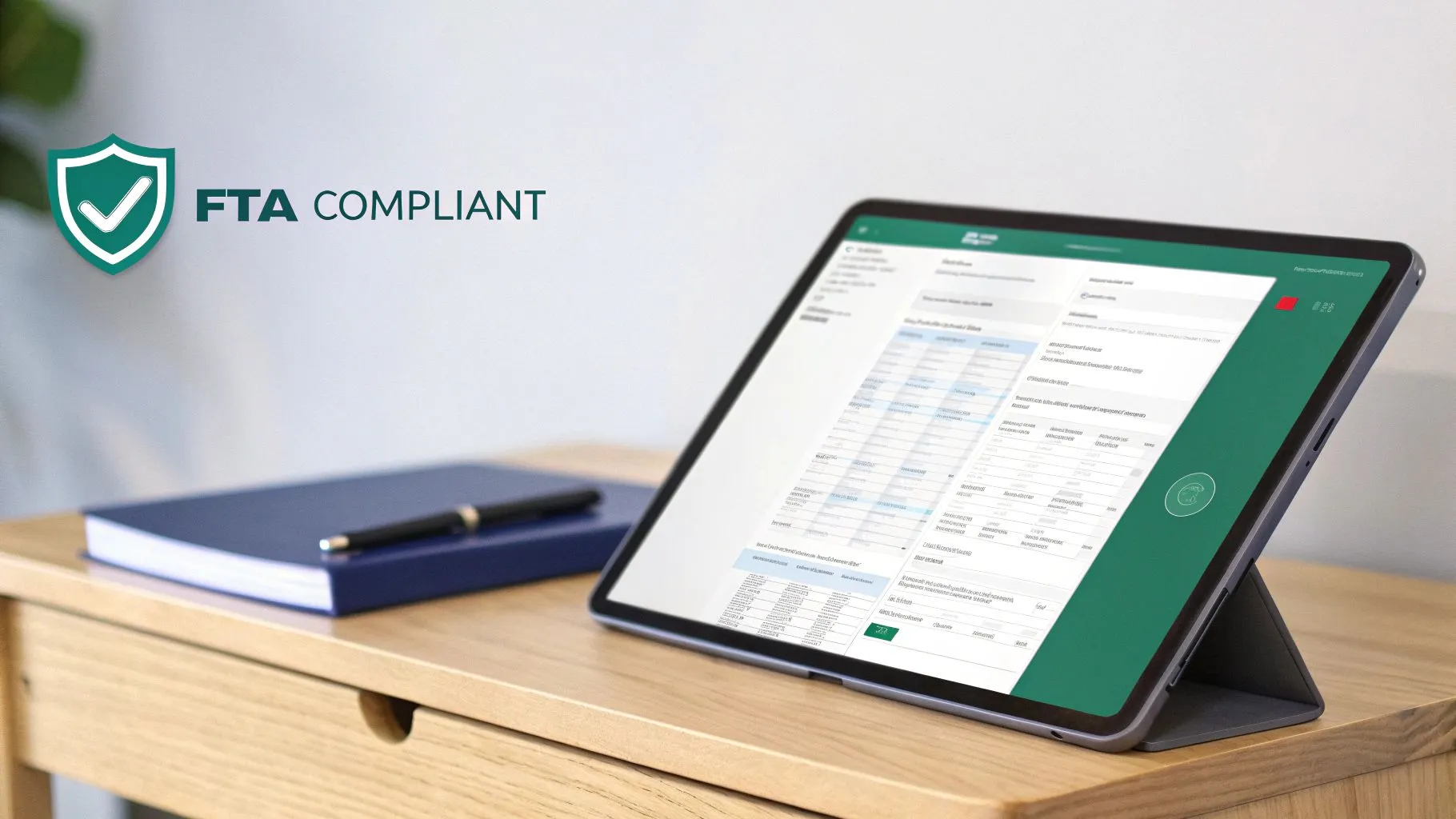 A tablet displays accounting software with an 'FTA Compliant' logo on a wooden desk.