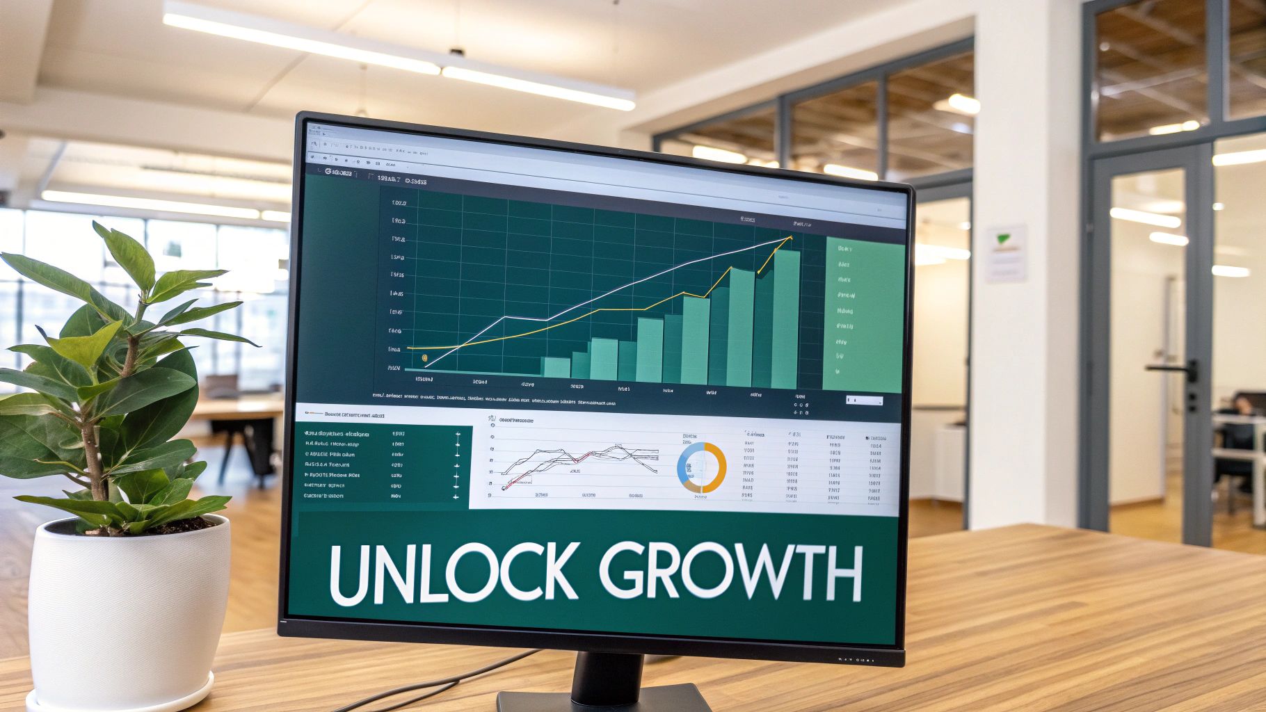 A computer monitor on a wooden desk displays financial growth charts and 'UNLOCK GROWTH' text, with a plant.