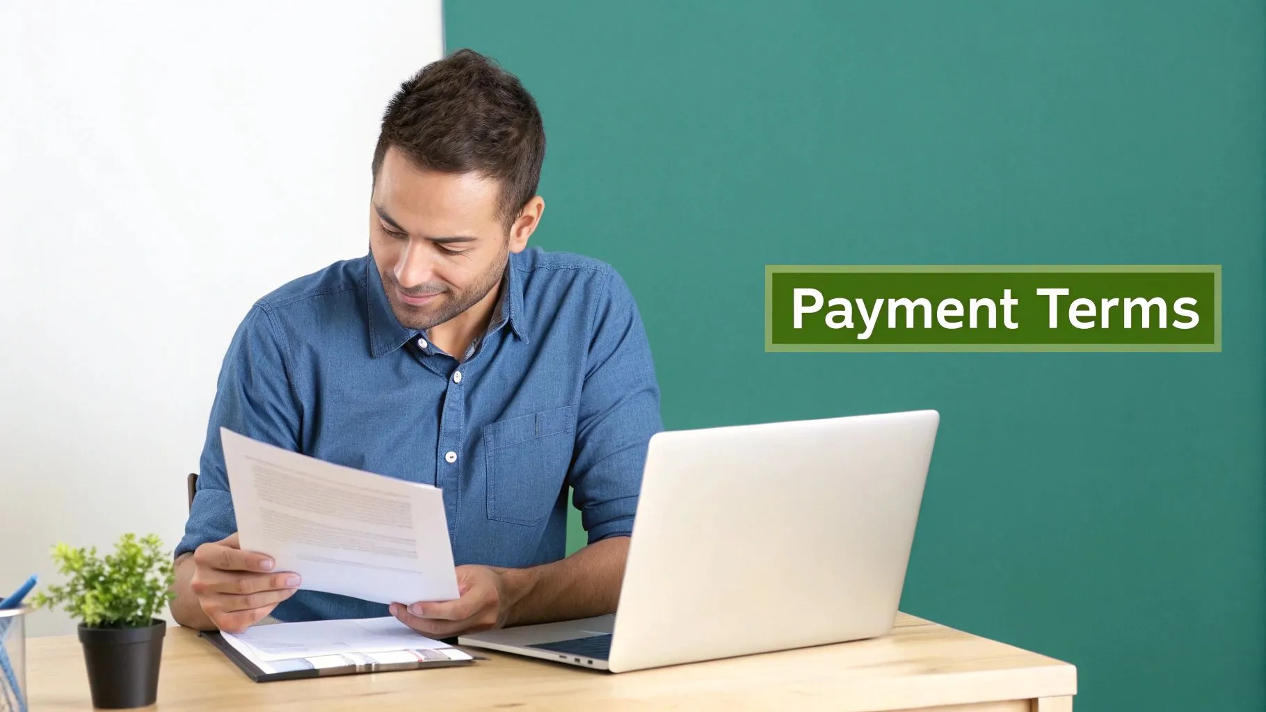 A man reviews payment terms on a document, with a laptop and plant on his desk.