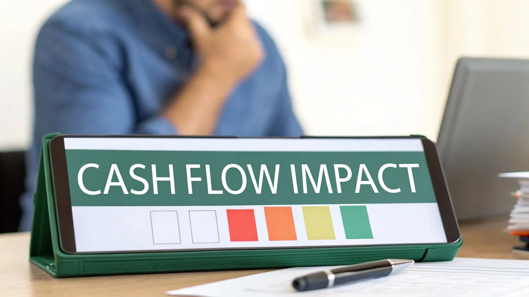 A tablet displays 'CASH FLOW IMPACT' with color-coded assessment boxes, indicating financial analysis in a business setting.