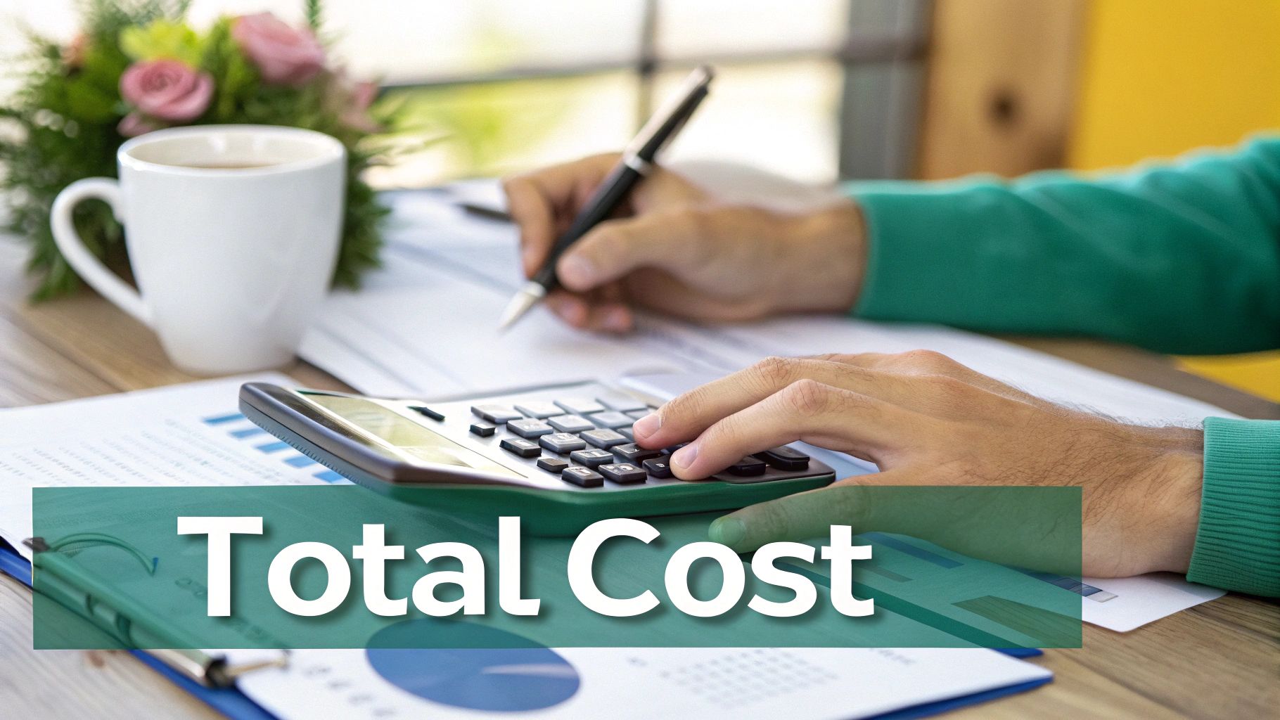 A person calculates total cost using a calculator and writes on documents, with coffee and flowers nearby.