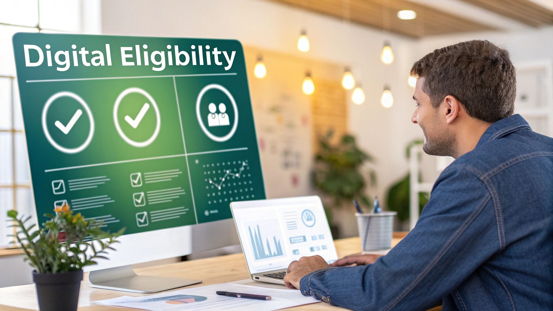 A man reviews digital eligibility criteria on a large monitor and works on a laptop.