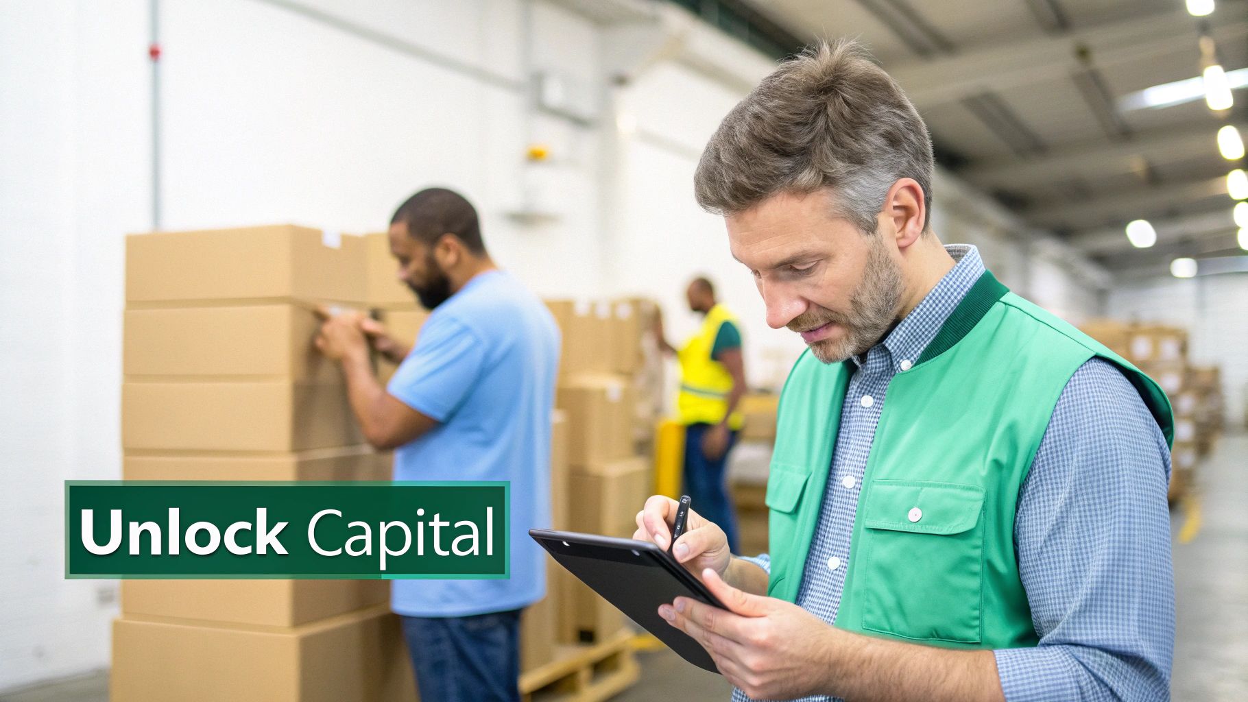 Warehouse workers managing inventory; a man uses a tablet while others handle stacked boxes.