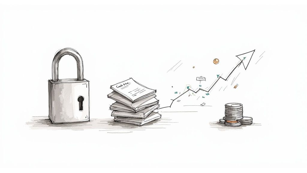 Padlock, cash plan documents, and a rising financial graph symbolizing secure financial growth.