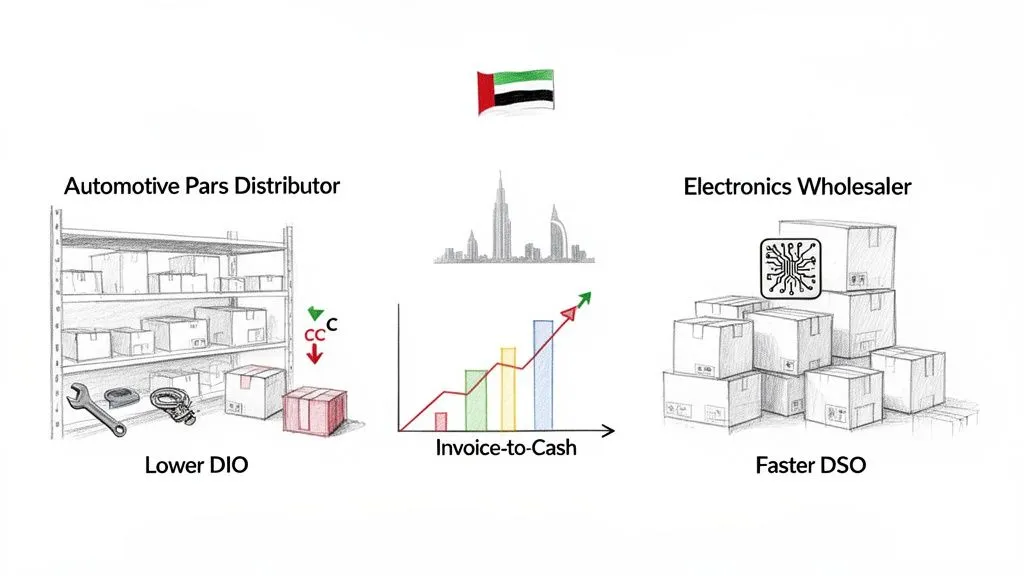 Financial optimization for automotive and electronics businesses in UAE, showing lower DIO, faster DSO, and improved invoice-to-cash cycle.