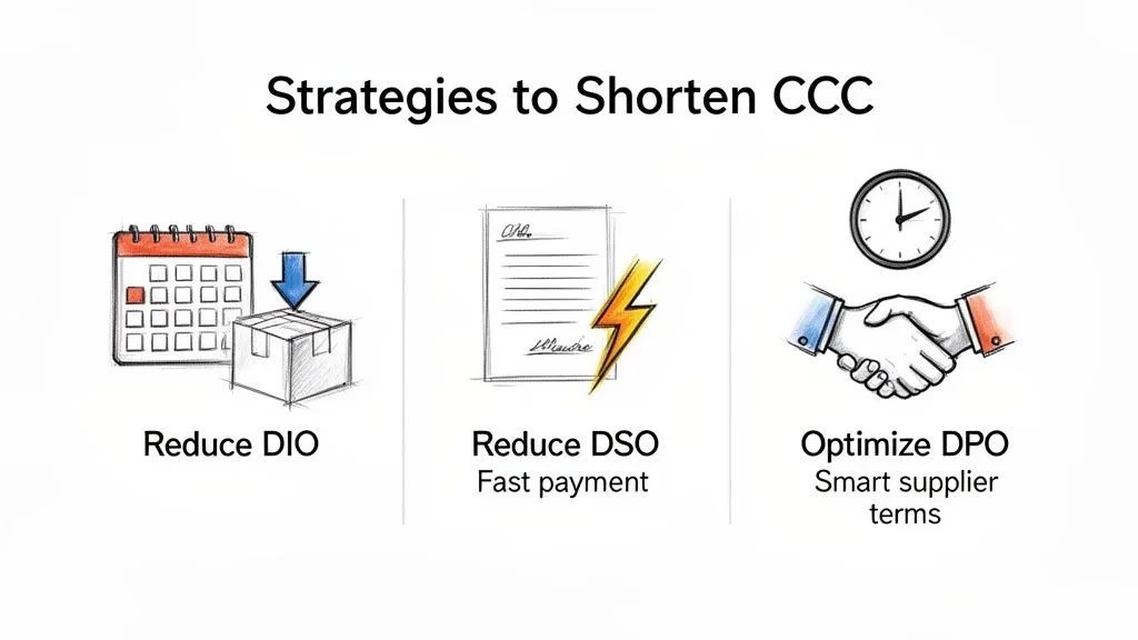 Infographic detailing three key strategies to shorten the Cash Conversion Cycle: Reduce DIO, Reduce DSO, and Optimize DPO.