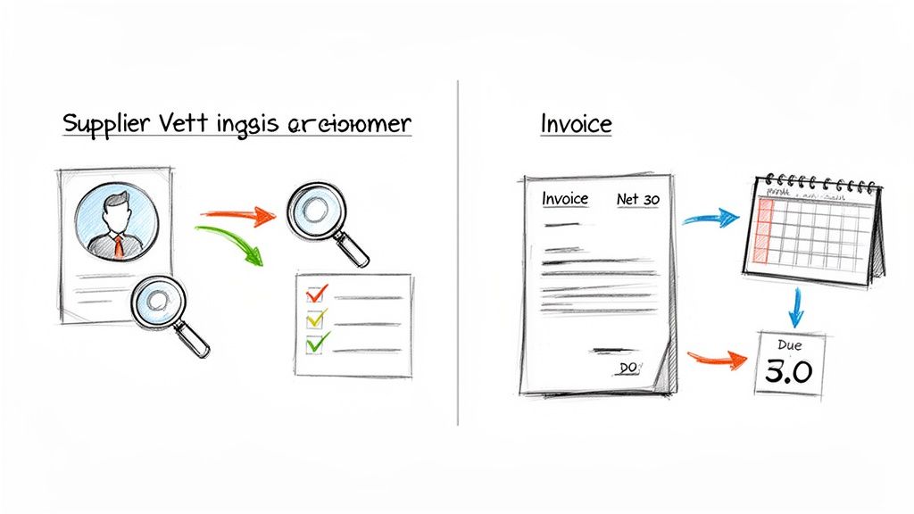 An illustration depicting supplier vetting processes with a checklist and invoice payment terms with a calendar due date.