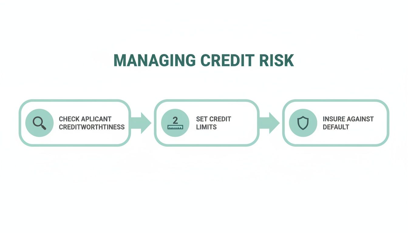 Flowchart illustrating three key steps for effectively managing credit risk: checking applicant creditworthiness, setting credit limits, and insuring against default.