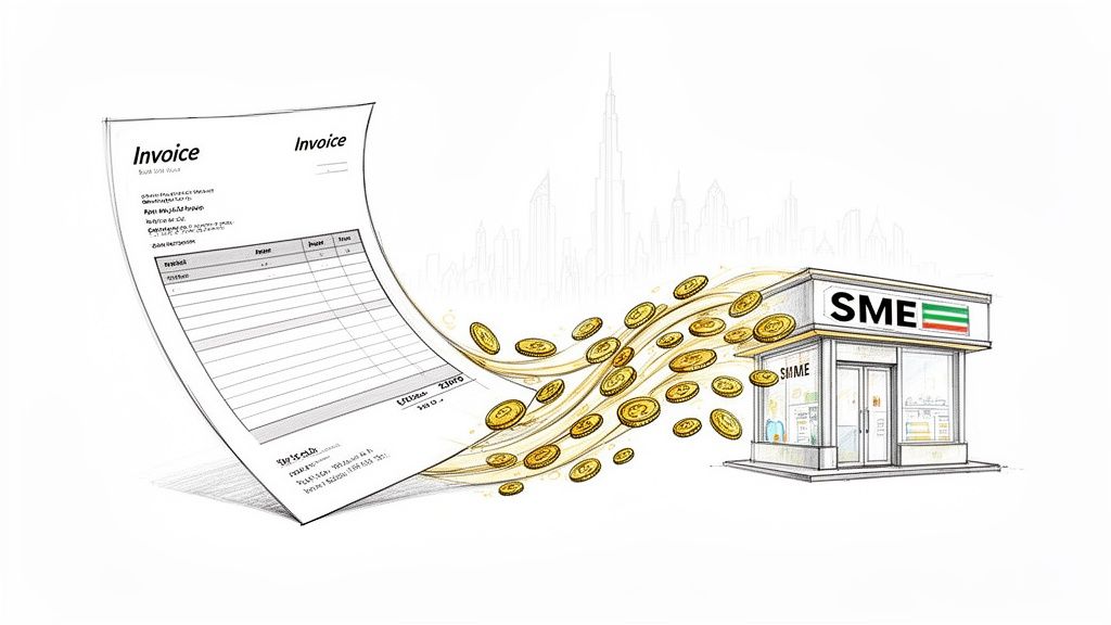 Invoice document generating a flow of golden coins towards an SME building with a city skyline background.
