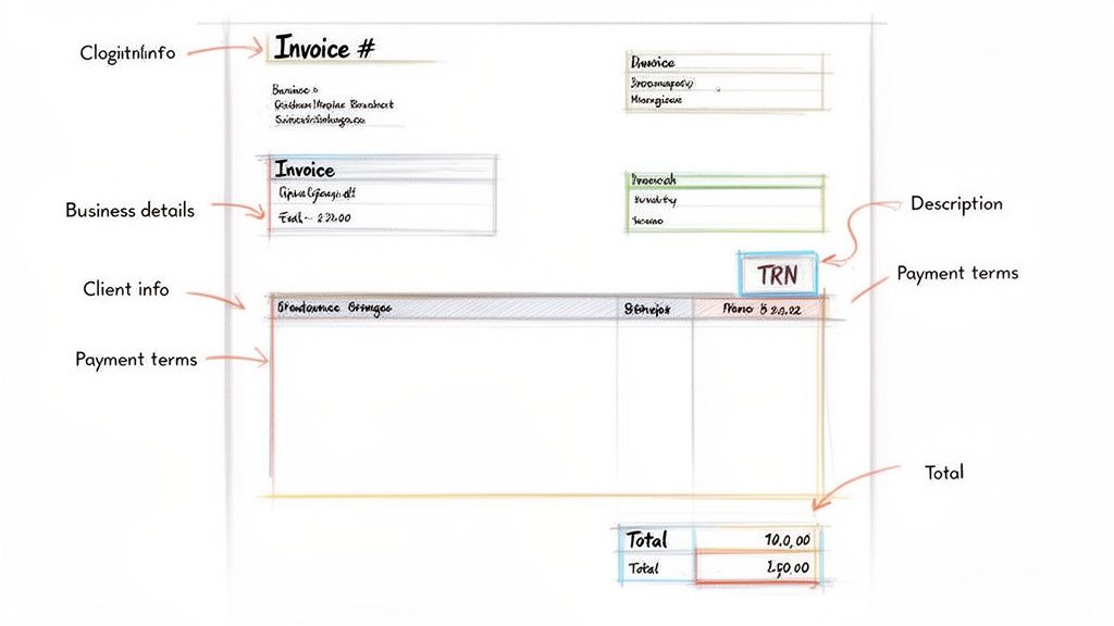 Hand-drawn sketch of an invoice template with sections like business details, client info, and total amounts.