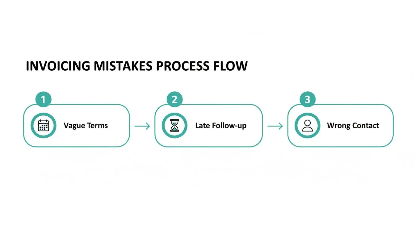 A flowchart titled 'Invoicing Mistakes Process Flow' illustrates three common errors: vague terms, late follow-up, and wrong contact.