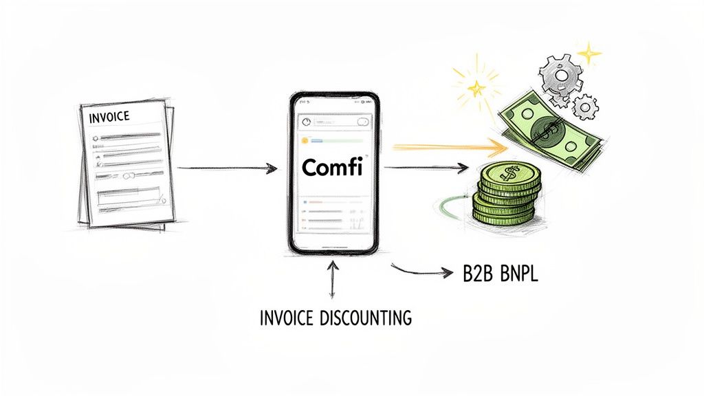 A flowchart showing Comfi app processing invoices for B2B BNPL and invoice discounting, leading to funding.