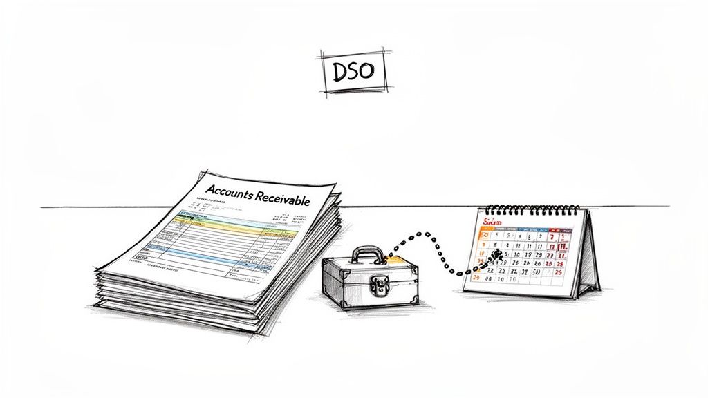 An illustration showing accounts receivable, a briefcase, and a calendar representing Days Sales Outstanding.