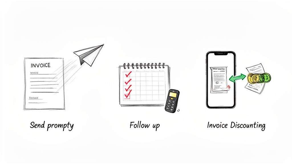 Illustration of three steps for managing invoices: sending promptly, following up, and invoice discounting for cash.