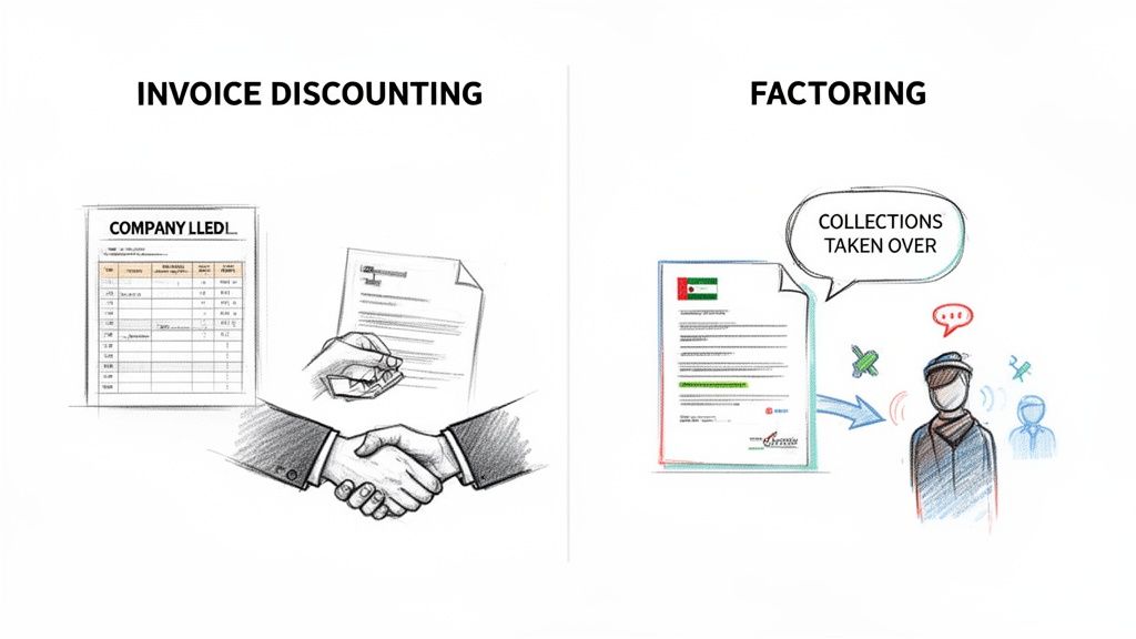 Illustration comparing invoice discounting with a handshake and factoring with collections taken over, featuring a UAE flag.