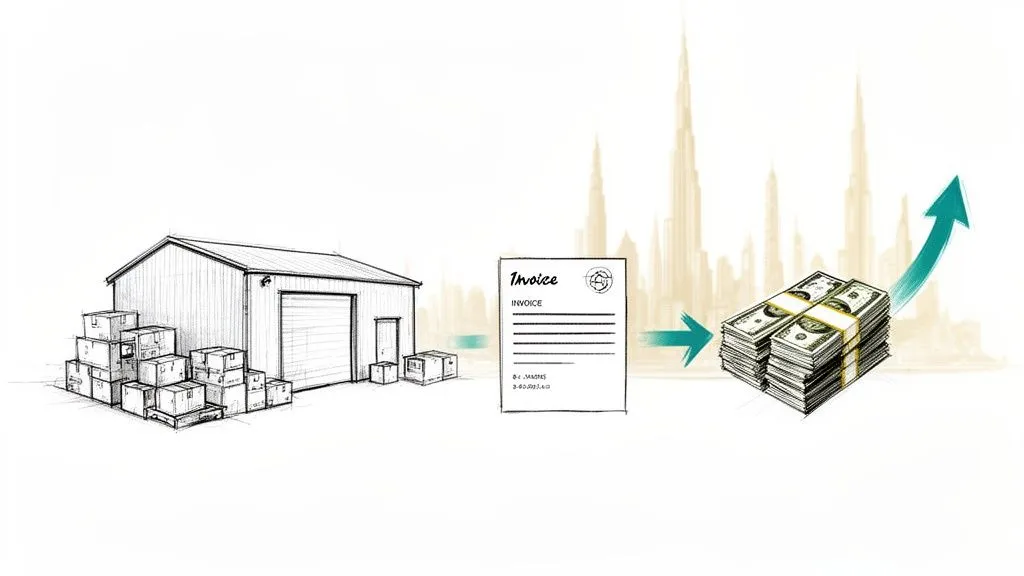 Illustration showing warehouse goods, an invoice, and money transforming into business growth and cash flow.