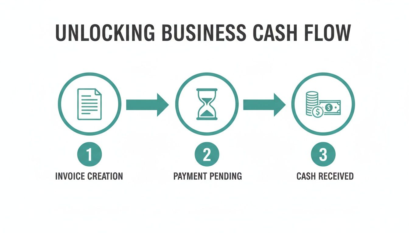 Infographic showing three steps to unlocking business cash flow: Invoice Creation, Payment Pending, Cash Received.