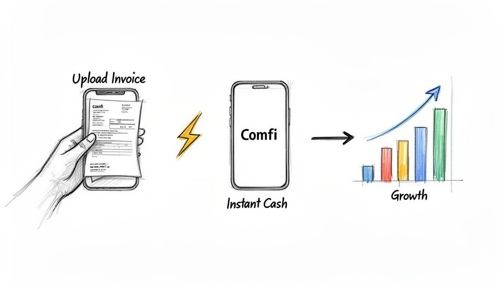 A diagram shows uploading an invoice to the Comfi app for instant cash, leading to business growth.