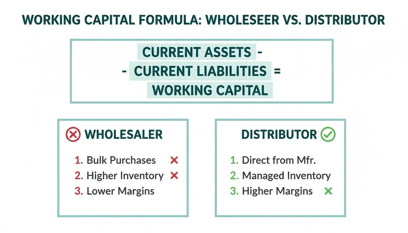 Working capital formula: Current Assets minus Current Liabilities. Compares wholesaler and distributor business models.