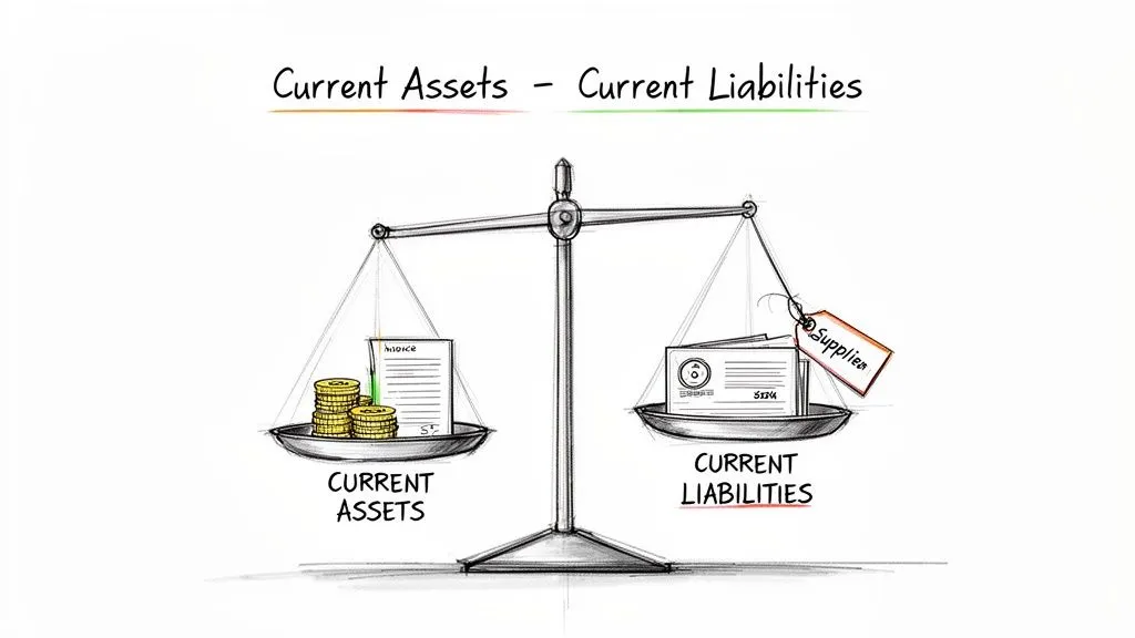 A balance scale depicts current assets (coins, invoice) offsetting current liabilities (documents, supplies).