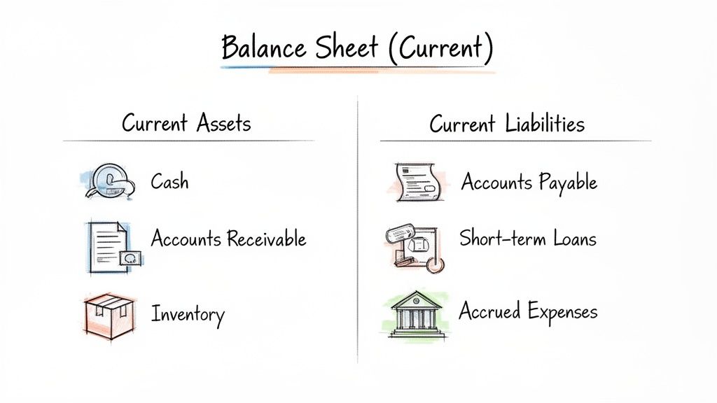A balance sheet illustrating current assets including cash and inventory, and current liabilities.