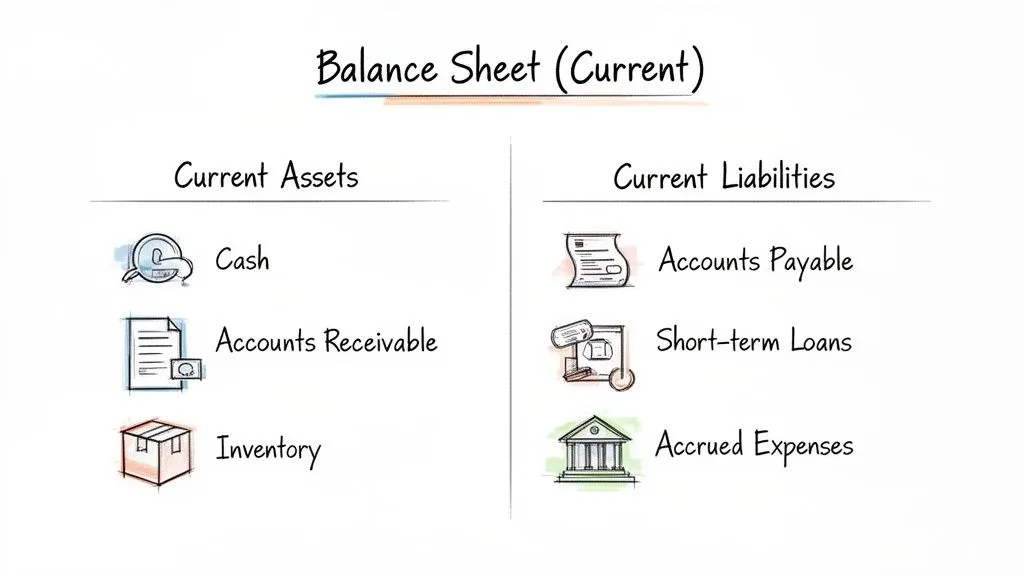 A balance sheet illustrating current assets including cash and inventory, and current liabilities.