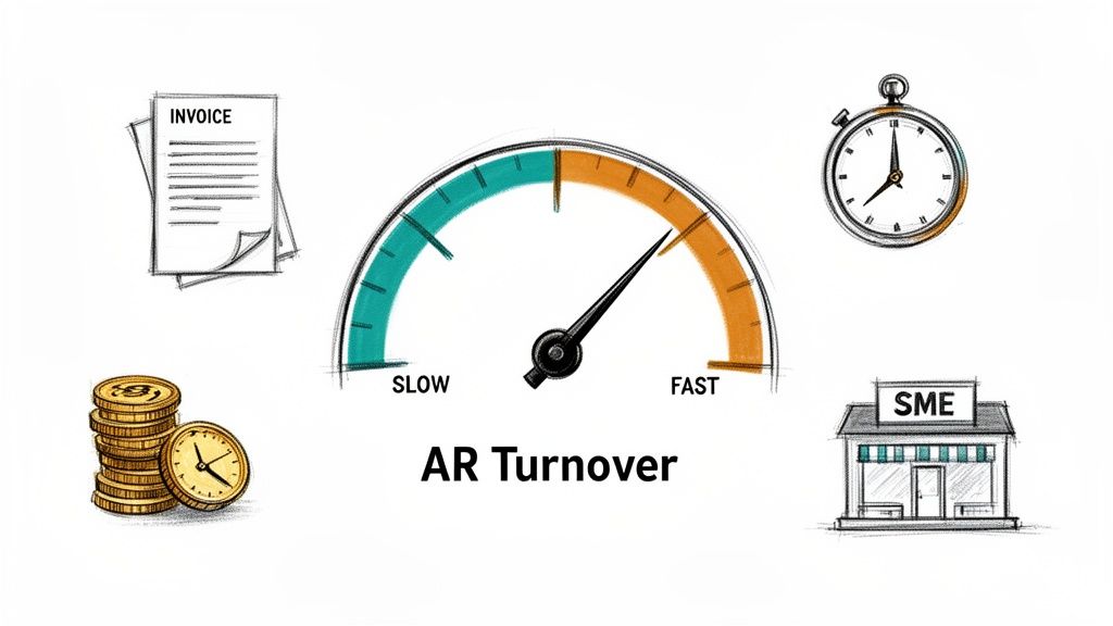 Illustration of AR Turnover with a fast gauge, invoices, stopwatch, coins, and an SME building.