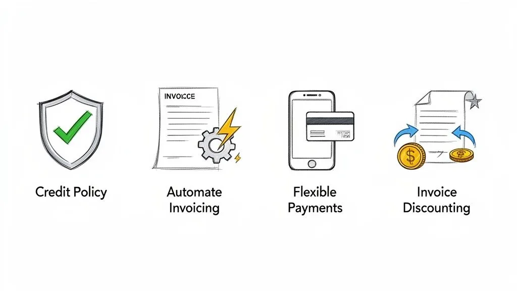 Icons illustrating financial solutions: credit policy, automated invoicing, flexible payments, and invoice discounting.