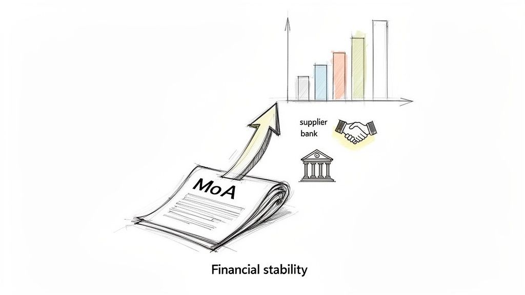 A sketch illustrating a Memorandum of Association (MoA) leading to financial stability, growth, and bank relationships.