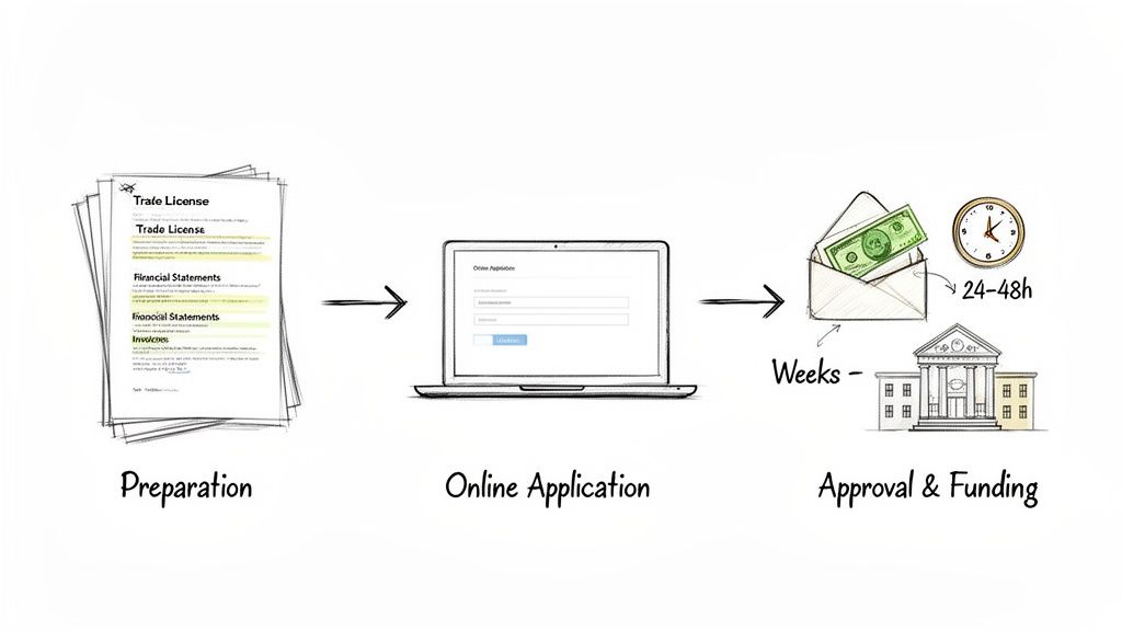 A diagram showing the three-step process for business finance: document preparation, online application, and funding.