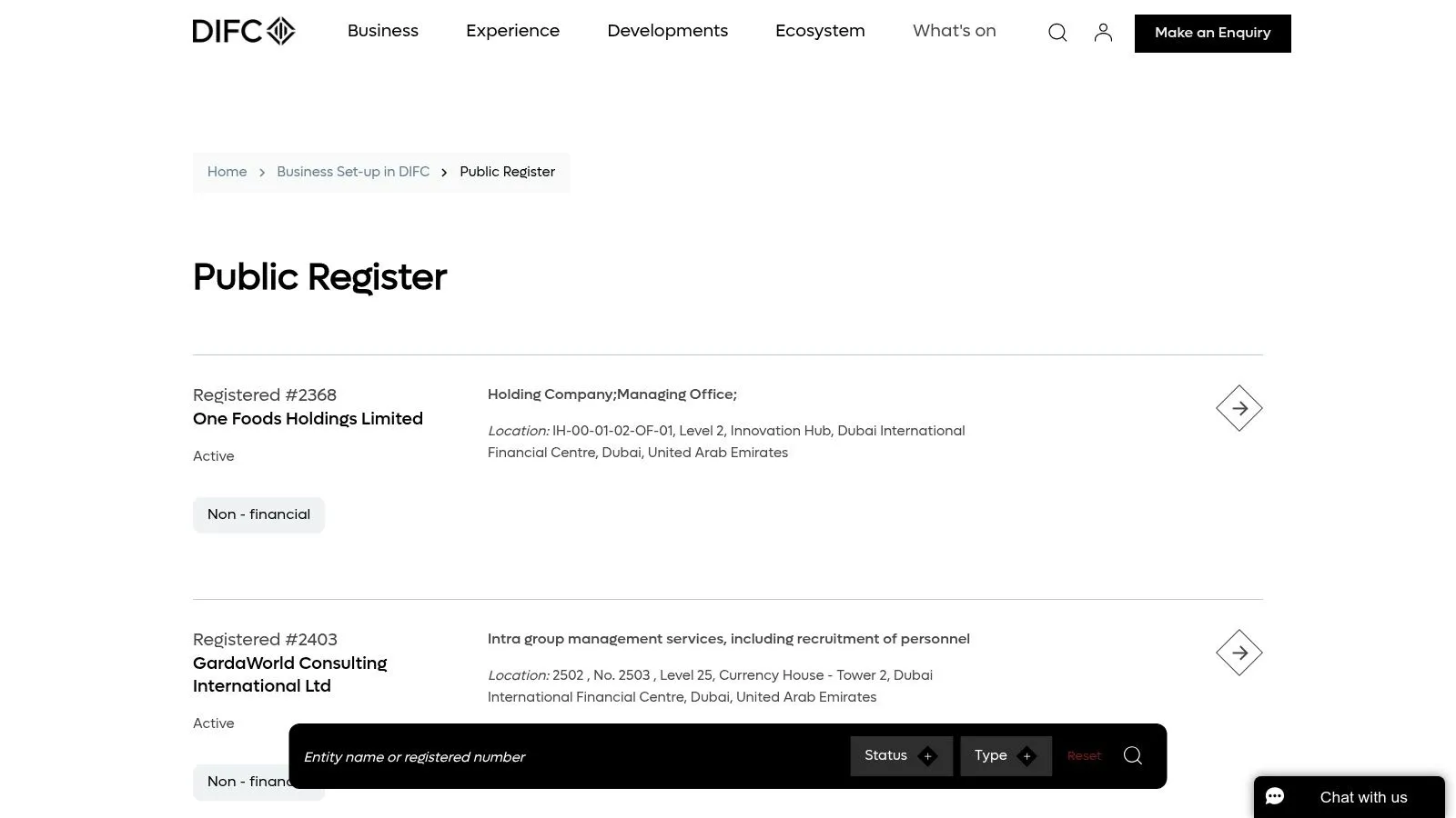Screenshot of the DIFC Public Register website showing the search interface.