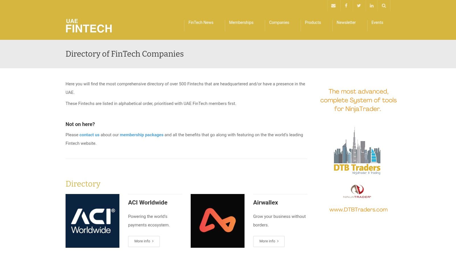 Screenshot of the UAE FinTech directory website showing a list of fintech companies.