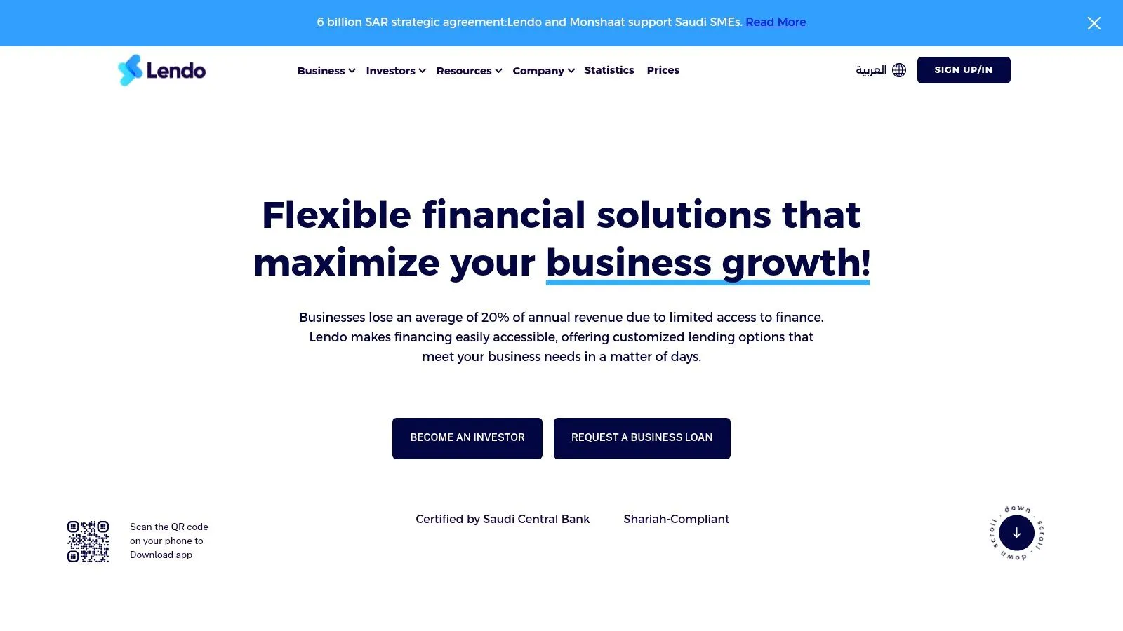 Lendo business finance dashboard showing portfolio overview.