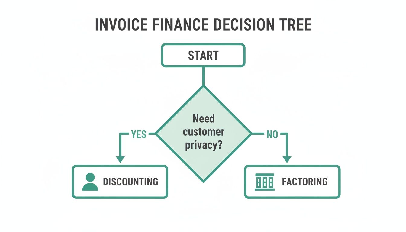 A flowchart titled 'Invoice Finance Decision Tree' comparing discounting and factoring based on customer privacy.