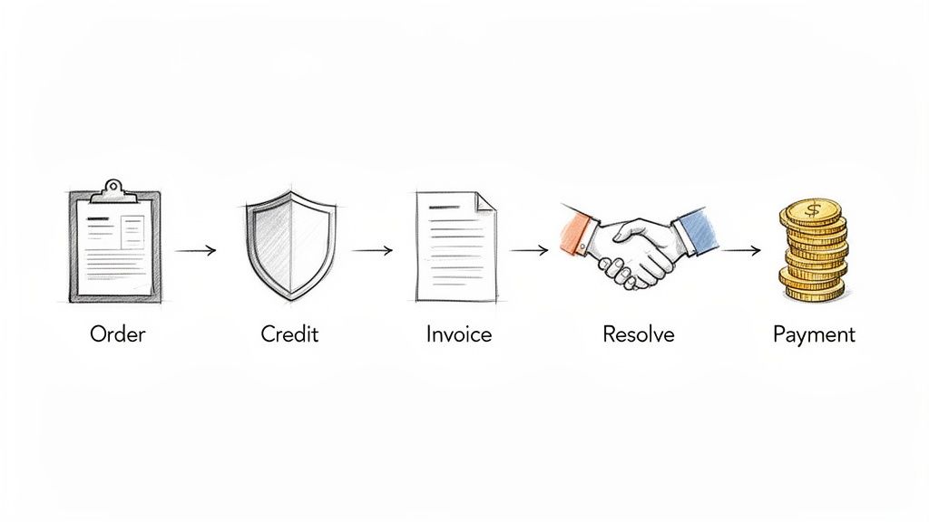 A hand-drawn flowchart illustrating the five-step business process: Order, Credit, Invoice, Resolve, and Payment.