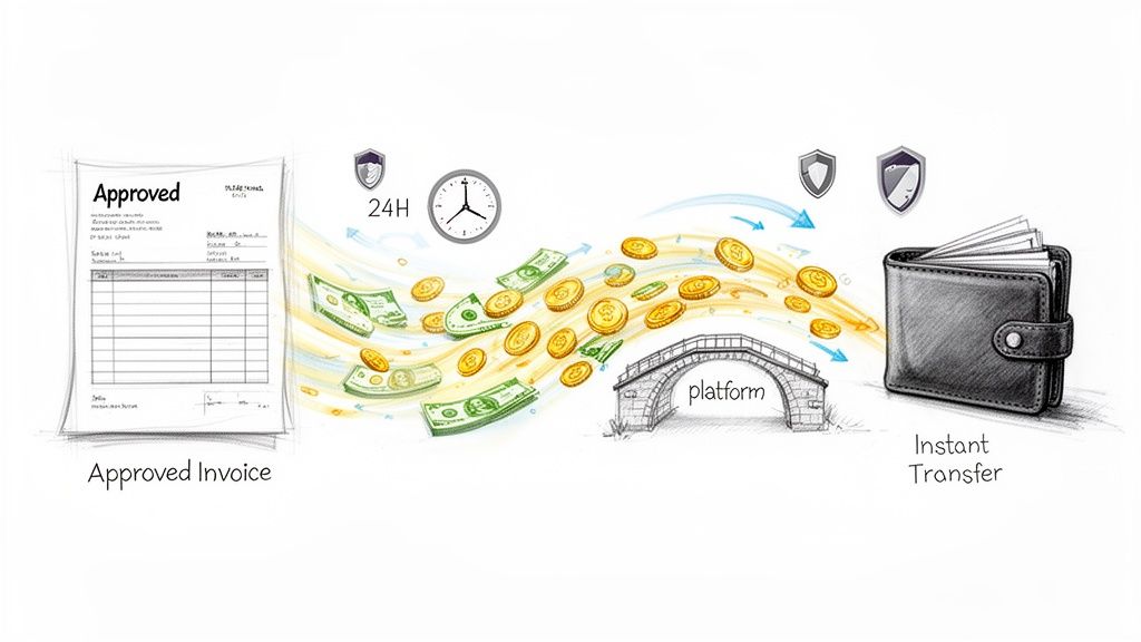 Sketch showing an approved invoice, money flowing through a platform bridge, and an instant wallet transfer.