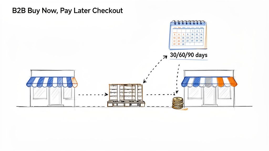 Illustration of B2B Buy Now, Pay Later checkout process with goods delivery and payment over 30/60/90 days.
