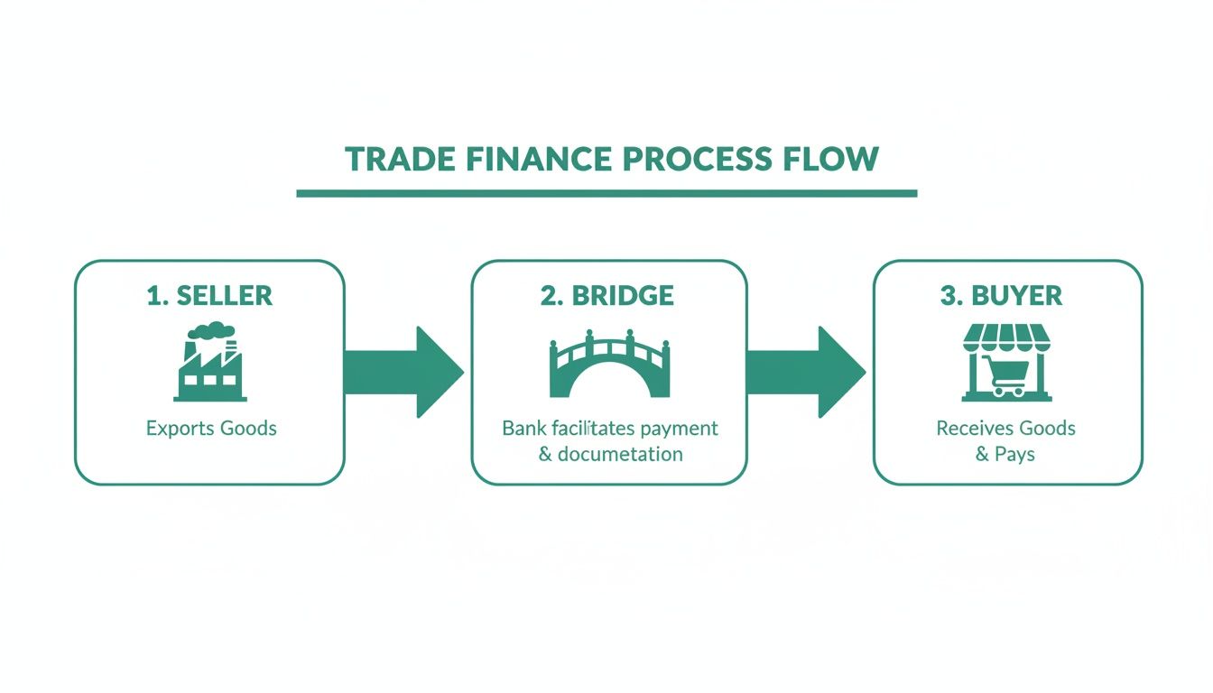 A flow chart illustrating the trade finance process, showing seller exporting goods, bank facilitating payment, and buyer receiving goods and paying.