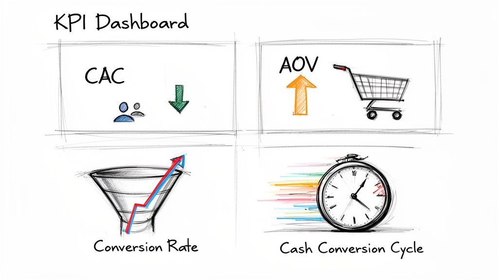 A hand-drawn KPI dashboard showing Customer Acquisition Cost, Average Order Value, Conversion Rate, and Cash Conversion Cycle.