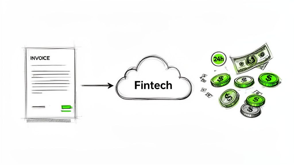 Invoice processed by a Fintech cloud, leading to fast payments and money within 24 hours.