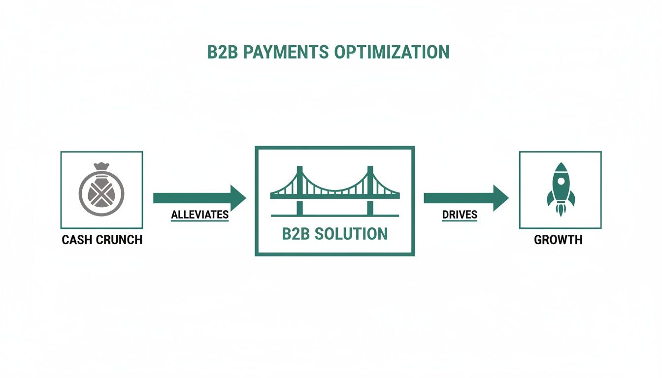 Diagram illustrating B2B payments optimization: a B2B solution alleviates cash crunch and drives growth.