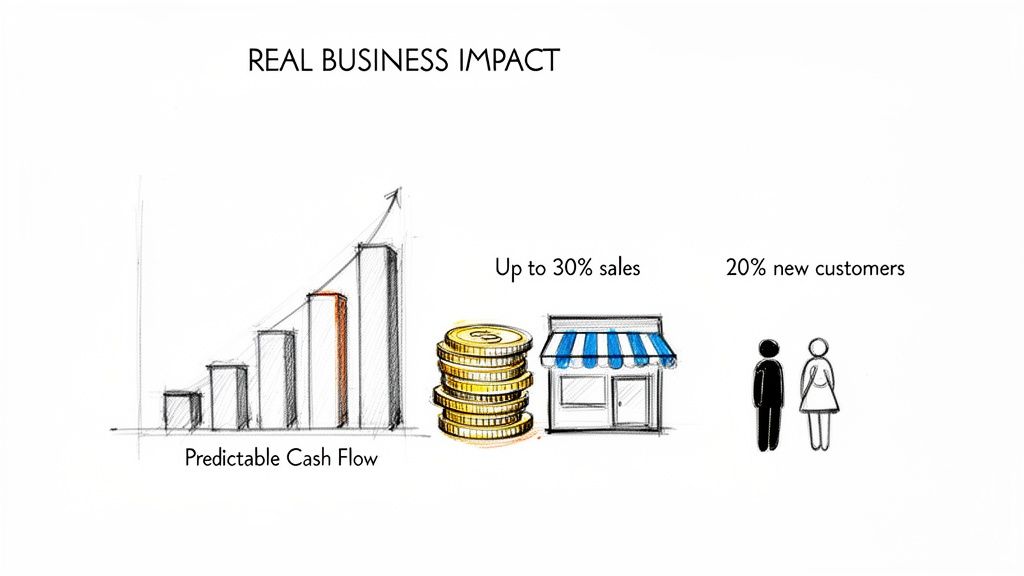 A sketch illustrating real business impact with predictable cash flow, up to 30% sales, and 20% new customers.