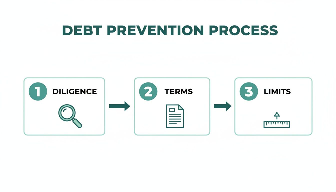 Infographic showing a debt prevention process with three steps: 1. Diligence, 2. Terms, and 3. Limits.