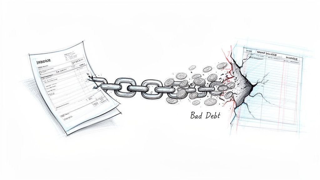 An illustration depicting an invoice tied by a chain breaking into scattered coins, labeled 'Bad Debt'.