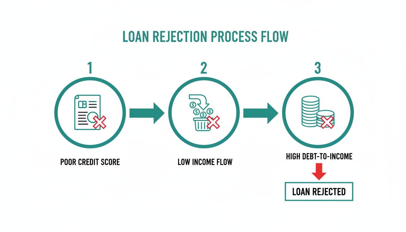 Flowchart illustrating reasons for loan rejection: poor credit score, low income, and high debt-to-income.